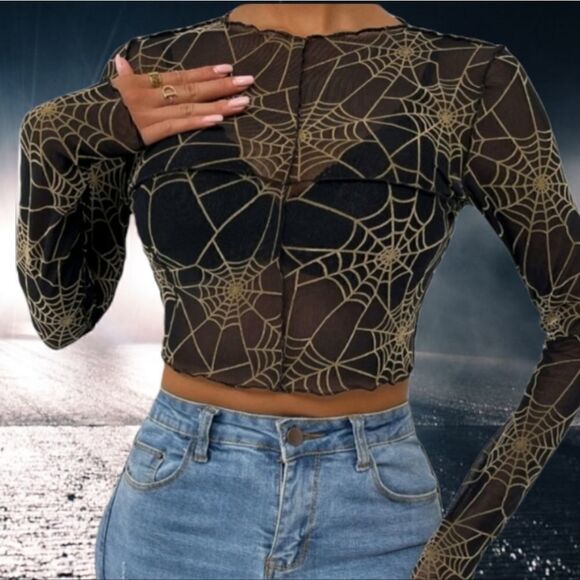 Black Sheer Top with Gold Spider Webs Stretchy Long Sleeved Seemed Detail - Picture 3 of 8